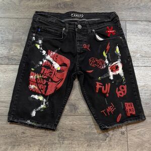 XWAY Graphic Black Jean Shorts Jorts Paint Art Punk Rock Black Size 30